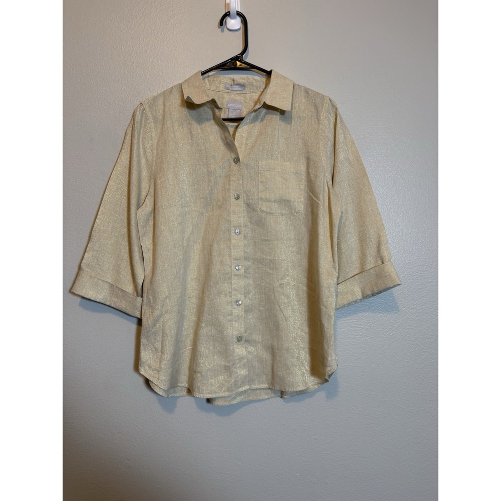 Chico's Size 0 Shimmer Linen Blend Button Front Top Gold Neutral Casual Coastal